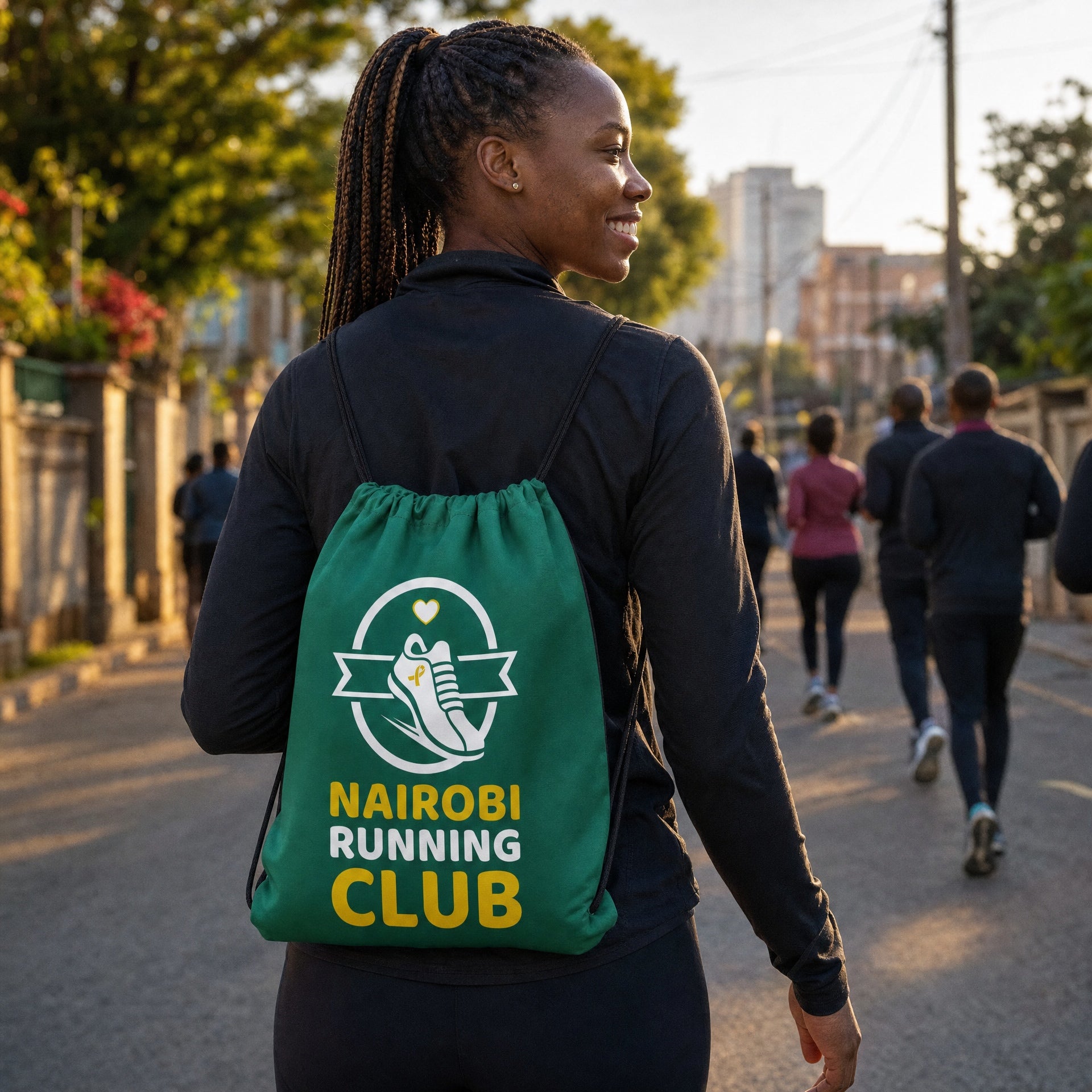 Black woman wearing the green Nairobi Running Club drawstring bag after a neighborhood run.